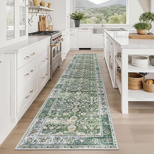 KUTA Vintage Long Runners for Hallways, 2.6x12 Green Washable Non-Slip Kitchen Rugs Ultra Thin Soft Printed Distressed Oriental Floral Floor Carpet for Laundry Bedroom Living Room Nursery