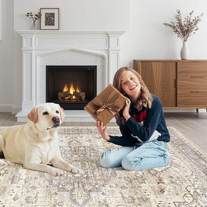 2x3 Rug Small Area Rugs: Washable Boho Neutral Vintage Soft Indoor Floor Oriental Carpet Farmhouse Floral Low Pile Non Slip Throw Carpet for Kitchen Entryway Bedroom Nursery Entry- Brown