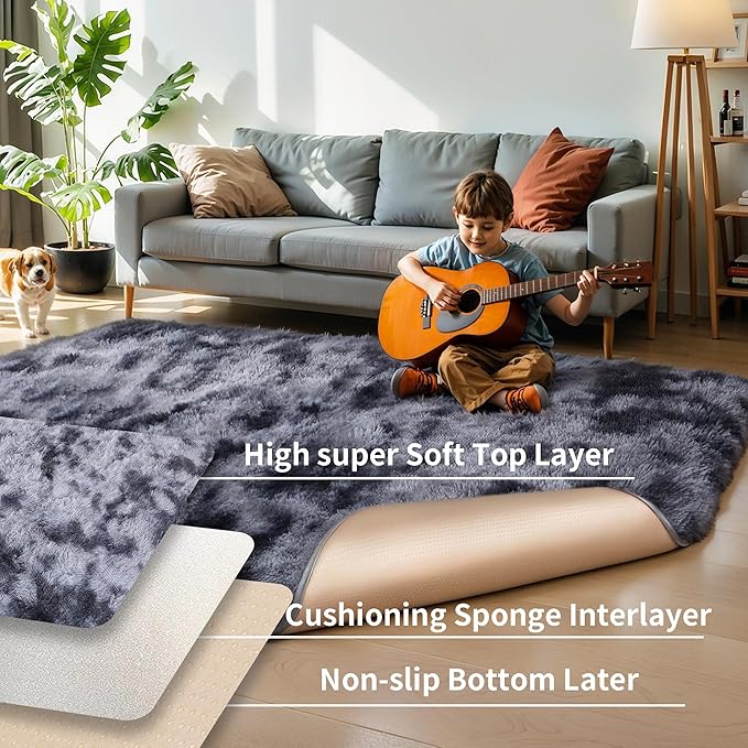 KICHOWUA Thick Area Rug 5x7 Dark Grey Fluffy Shag for Bedroom, Extra Soft Plush Fuzzy Washable Thickened Non-Slip Carpet, Modern Furry Shaggy Rug for Living Room Kids Nursery Dorm Room, Tie-Dye Gray