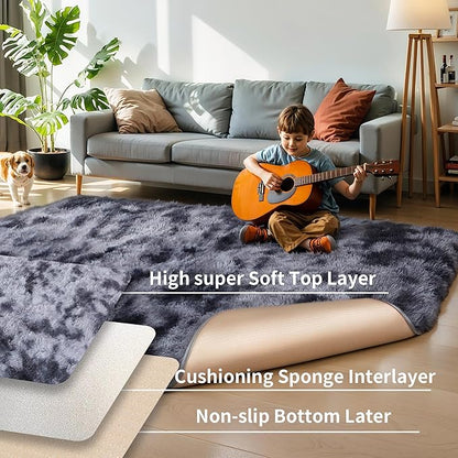 KICHOWUA Thick Area Rug 5x7 Dark Grey Fluffy Shag for Bedroom, Extra Soft Plush Fuzzy Washable Thickened Non-Slip Carpet, Modern Furry Shaggy Rug for Living Room Kids Nursery Dorm Room, Tie-Dye Gray
