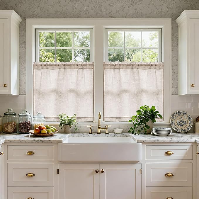 Linen Textured Bathroom Window Curtains 36 Inch Length Short Kitchen Curtain Semi Sheer Farmhouse Boho Curtains 2 Panels Tan Beige Light Coffee for Cafe Bedroom Rod Pocket Drapes W30xL36