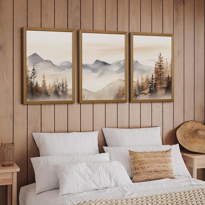 Neutral Mountain Wall Art Decor Set of 3 Forest Canvas Wall Art Poster Landscape Wall Art Artwork Modern Pictures Abstract Painting Watercolor Prints for Living Room Bedroom 12x16 Inch Framed