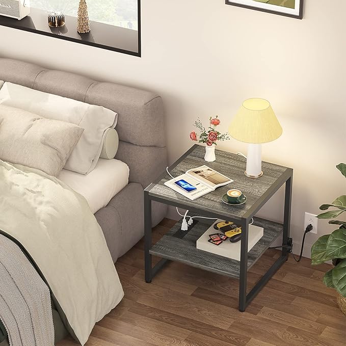 Homieasy End Table with Charging Station, 20" Mini Fridge Stand with Power Outlets, Heavy Duty Side Table for Living Room, Small Table Stand & Fridge Table, Black Oak