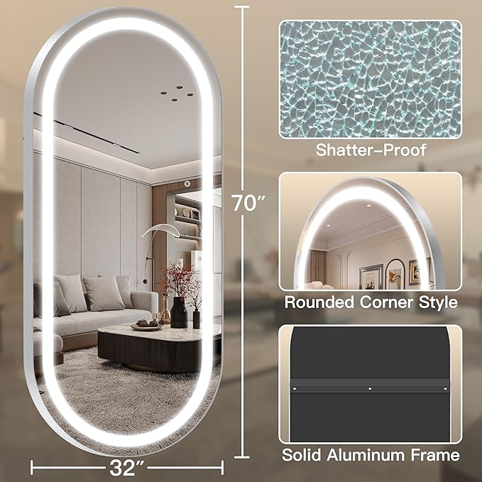FENNIO 71" x 32" Large Wall Mounted Mirror with LED Lights, Oval Full Length LED Lighted Full Body Dressing Mirror for Bedroom, Salon, Brushed Aluminum Frame, Tempered Glass