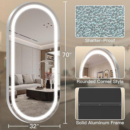 FENNIO 71" x 32" Large Wall Mounted Mirror with LED Lights, Oval Full Length LED Lighted Full Body Dressing Mirror for Bedroom, Salon, Brushed Aluminum Frame, Tempered Glass