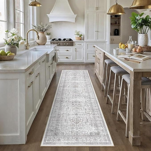 2'6"x8' Gray Runner Rug Hallway Non Slip Washable Area Rugs Kitchen Soft Vintage Boho Long Rug Distressed Floral Carpet Indoor Low Pile Throw Rug for Bedroom Bathroom Laundry Dining Living Room Office