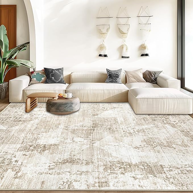 Area Rug for Living Room 9x12: Large Washable Boho Moroccan Rugs Geometric Neutral Rug, Non-Slip Foldable Morden Farmhouse Indoor Floor Carpet for Bedroom Dining Table Home(Neutral Beige, 9'X12')