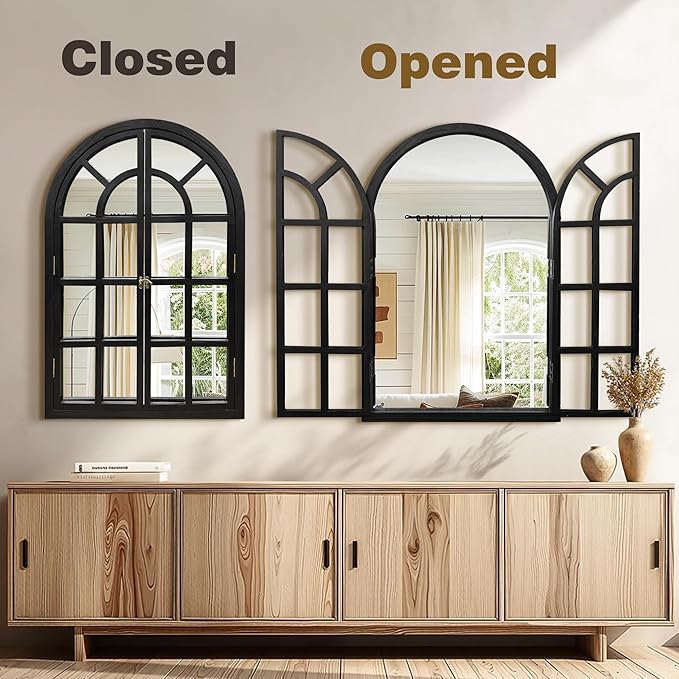 Arched Window Mirrors for Wall, Wooden Rustic Farmhouse Mirror for Wall Decor 24 x 36 Black, Decorative Wall Mirror Arch for Living Room, Bedroom, Bathroom, Fireplace, Farmhouse
