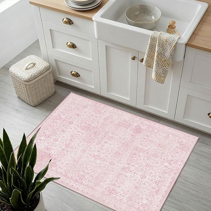 Rugxara 2x3 Entryway Rug Door Mat, Washable Boho Pink Samll Entry Rug, Non Slip Area Rugs, Low Pile Throw Accent Entry Carpet for Indoor Entrance, Front Door Mat, Bathroom and Kitchen(Pink 2x3ft)