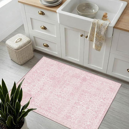 Rugxara 2x3 Entryway Rug Door Mat, Washable Boho Pink Samll Entry Rug, Non Slip Area Rugs, Low Pile Throw Accent Entry Carpet for Indoor Entrance, Front Door Mat, Bathroom and Kitchen(Pink 2x3ft)