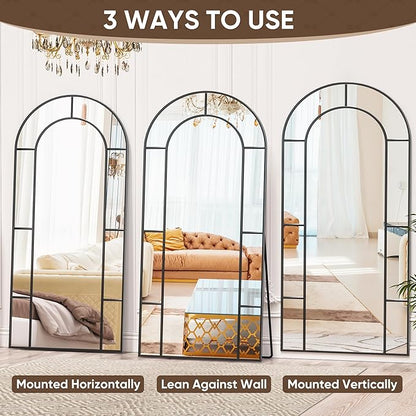 Antok 78" x 38" Full Length Mirror, Floor Mirror Arched Window Decorative Mirror, Metal Framed Decor Farmhouse Floor Mirrors Art Pane Mirrors Wall Decor for Bedroom, Living Room, Entryway Black