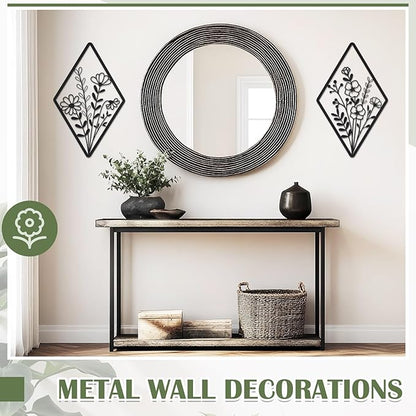 PullCrease 2 Pcs Metal Wall Art, Metal Flower Wall Decor, Modern Floral Art for Living Room, Bedroom, Bathroom, Rustic Farmhouse Decor, Sculpture Kitchen Decoration (Black)