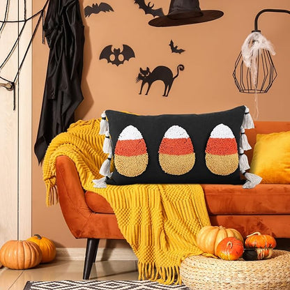 Yuntau Halloween Throw Pillow Cover with Tassels 12 x 20 Inch Decorative Candy Corn Pillowcase Embroidery Furry Plush Candy Corn Cushion Cover Halloween Decorations for Home Sofa Couch Bedroom Outdoor