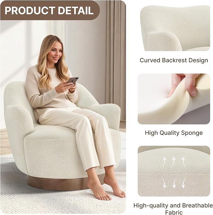 Swivel Accent Chair,Upholstered Barrel Chair with Curves Camel Back Design,Modern Arm Chair with Wooden Base for Living Room Bedroom Reading Waitingroom,Linen