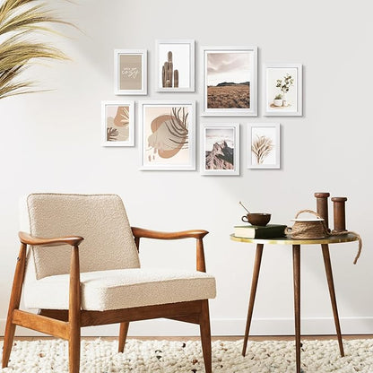 ArtbyHannah Gallery Wall Frame Set,White Picture Frames Collage Wall Decor with Neutural Art for Living Room Stariway,8 Pack Assorted Size 8"x10",5"x7",4"x6", Small