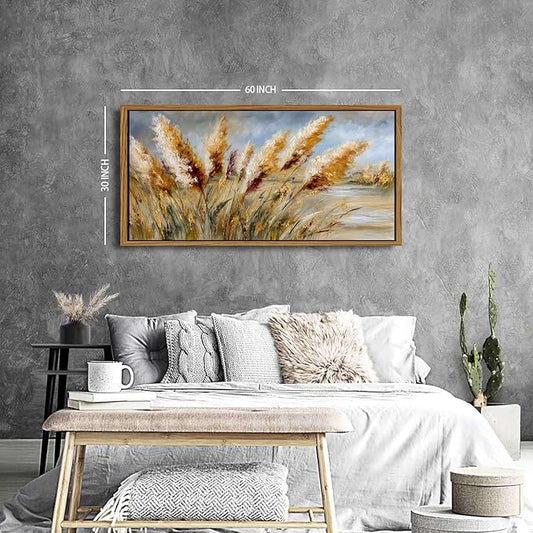 Vintage Wheat Field Framed Wall Art Countryside Golden Wheat Decor Farmhouse Rustic Landscape Picture Canvas Prints for Bathroom Kitchen Decorations Nature Botanical Painting Classical Artwork 30x57.8"