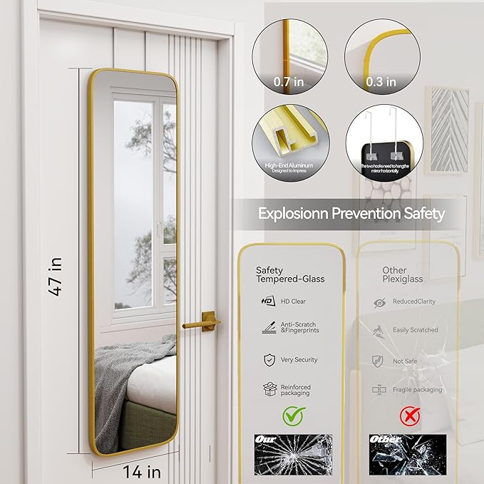 SCWF-GZ 47x14 Mirror Rectangle Full Body Length Door Hanging Wall Mounted Aluminum Alloy Metal Frame Dressing Make-up Mirrors for Entryway Bedroom Bathroom Living Room 47 14 inch Gold