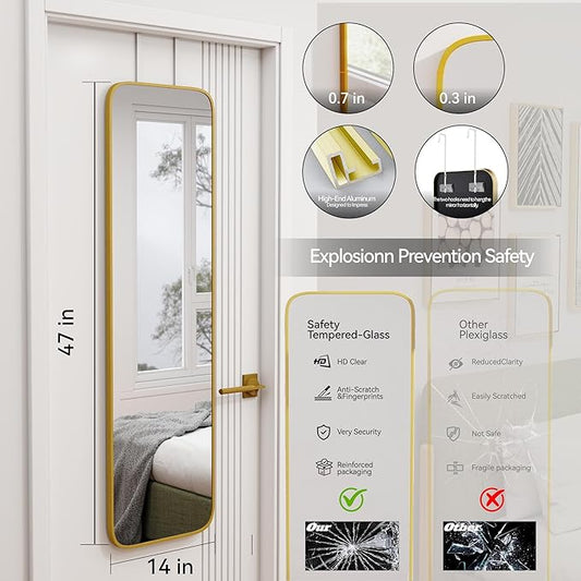 SCWF-GZ 47x14 Mirror Rectangle Full Body Length Door Hanging Wall Mounted Aluminum Alloy Metal Frame Dressing Make-up Mirrors for Entryway Bedroom Bathroom Living Room 47 14 inch Gold