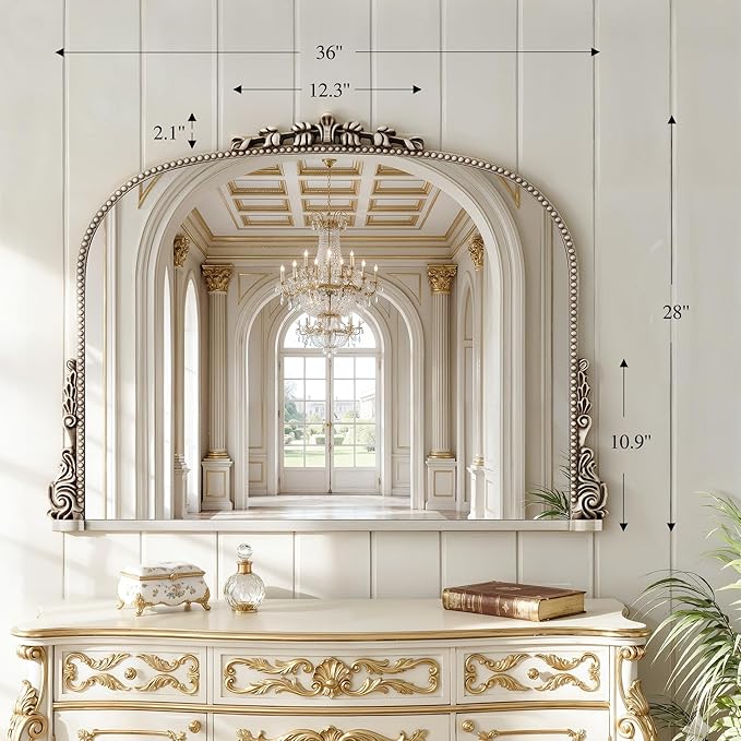26x38 inch Vintage Arched Gold Ornate Baroque Mirror - Wall Vanity Mirror with Beautiful Retro Top and Bottom Engraving Process Frame for Bathroom, Living Room, Fireplace, Entryway, HD Tempered Glass
