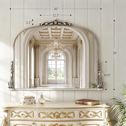 26x38 inch Vintage Arched Gold Ornate Baroque Mirror - Wall Vanity Mirror with Beautiful Retro Top and Bottom Engraving Process Frame for Bathroom, Living Room, Fireplace, Entryway, HD Tempered Glass