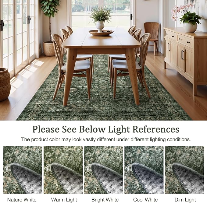 Morebes Washable Dark Green Area Rugs 6x9, Vintage Boho Large Living Room Rugs Non Slip, Distressed Soft Indoor Accent Floor Mat Throw Carpet for Nursery Kitchen Coffee Table Dining Dorm