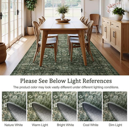 Morebes Washable Green 5x7 Area Rugs, Vintage Soft Bedroom Rug Non Slip, Non-Shedding Distressed Indoor Floor Throw Carpet for Bathroom Kitchen Living Dining Room Playroom Farmhouse Christmas Decor