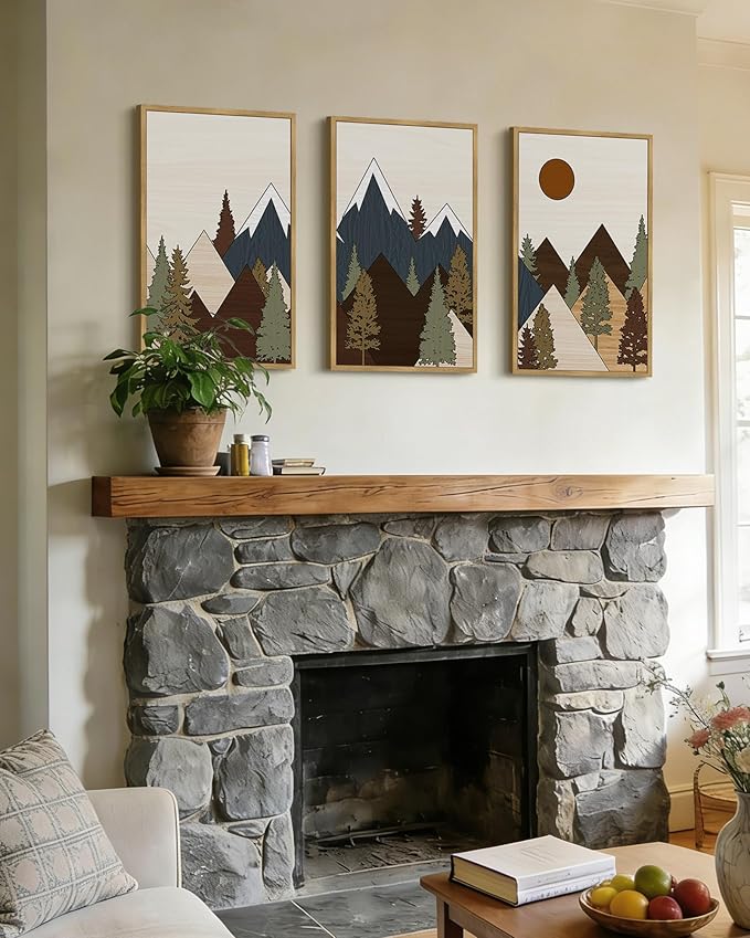Drsoum Morden Mountains Landscape Wall Art Framed Boho Pine Tree Forest Nature Prints Boho Farmhouse Rustic Artwork Hallway Bedroom Ready to Hang 16x24in Natural Framed