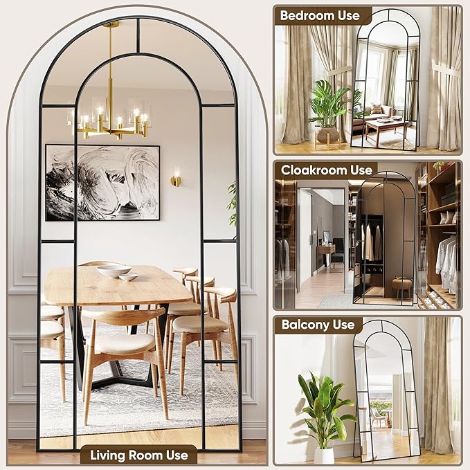 Antok 71" x 32" Full Length Mirror, Floor Mirror Arched Window Decorative Mirror, Metal Framed Decor Farmhouse Floor Mirrors Art Pane Mirrors Wall Decor for Bedroom, Living Room, Entryway Black