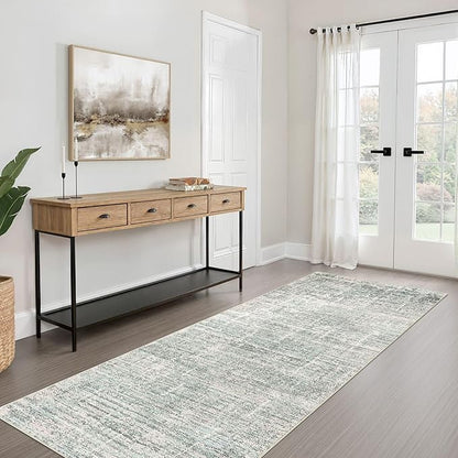 Runner Rug Non-Slip Kitchen Rug: 3x8 Washable Abstract Modern Soft Stain Resistant Indoor Floor Neutral Accent Throw Carpet for Hallway Bathroom Laundry Room Bedroom Entryway- Green
