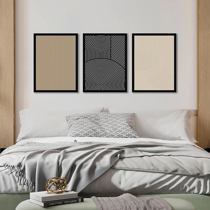 FWAHREN Framed Modern Abstract Minimalist Neutral Canvas Wall Art, Geometric Textured Line Mid Century Prints Artwork, Contemporary Japandi Wall Decor, Living Room Bedroom Office, Set of 3, 12x16in