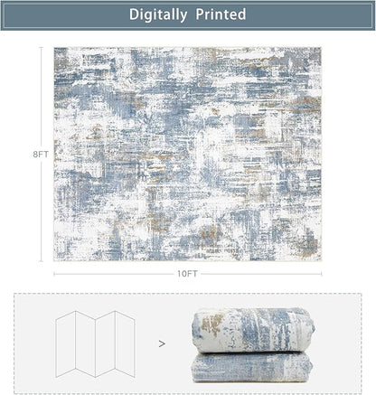Srugn Washable Rugs 8x10 Area Rugs for Living Room,Modern Abstract Rugs for Bedroom,Large Carpets,Ultra Soft Faux Wool Dining Room Rug,Non Slip Low Pile Print Rug- Blue- (White-Reddish Brown)