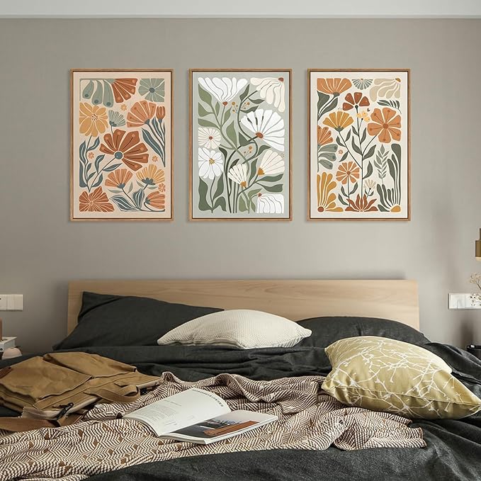 KISSFOX Framed Canvas Wall Art Abstract Floral Botanical Print Set of 3 Green Beige Wildflower Flower Market Paintings Boho Modern Minimalist Pictures Decor Bedroom Bathroom Living Room 16"x24"