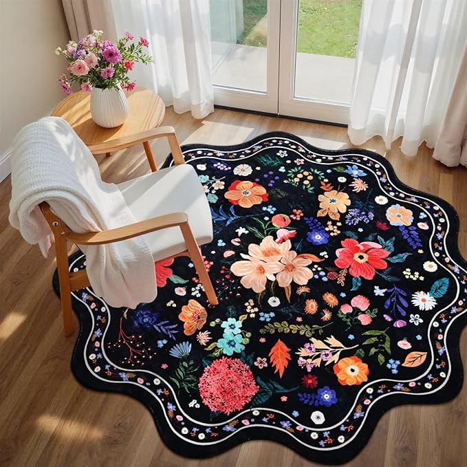 Macgace Black Round Rug for Girls Bedroom, 5ft Machine Washable Floral Area Rugs with Non Slip Backing, Cute Flower Carpet Kitchen Living Room Kids Playroom Decor