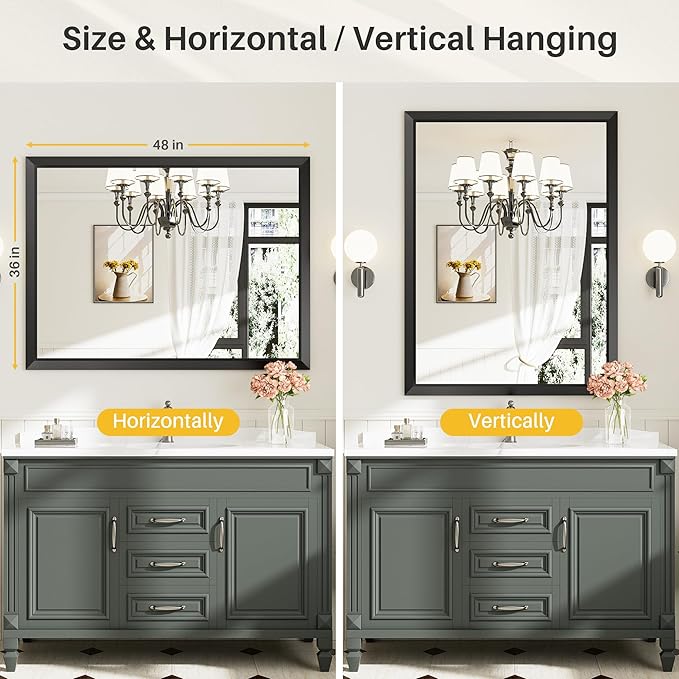 Briivue 48x36 Inch Black Bathroom Mirror for Wall, Thick Metal Framed Rectangle Mirrors for Over Sink, Bedroom, Living Room, Entryway, Anti-Rust, HD Tempered Glass