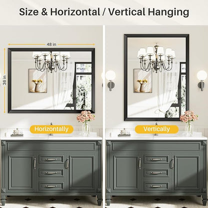 Briivue 48x36 Inch Black Bathroom Mirror for Wall, Thick Metal Framed Rectangle Mirrors for Over Sink, Bedroom, Living Room, Entryway, Anti-Rust, HD Tempered Glass