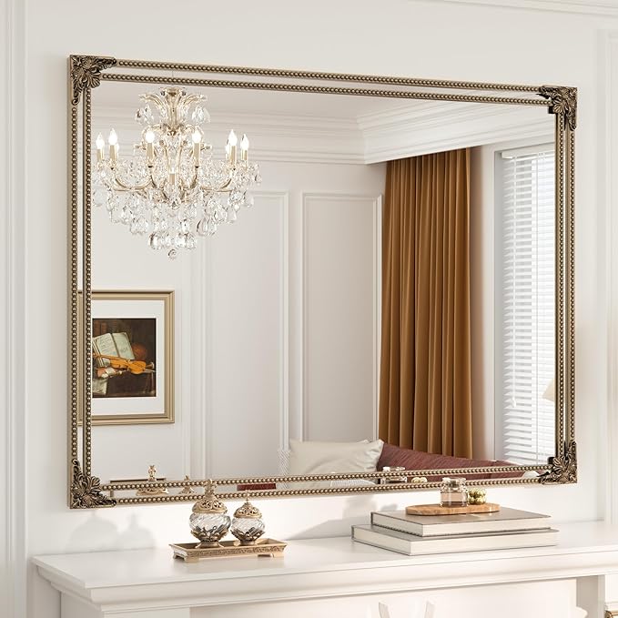 Keonjin Gold Vintage Mirror 48 x 36 Inch, Antique Mirrors Rectangle, Traditional Mantel Decoration, Baroque Style Wall Decor for Hallway, Fireplace, Entryway, Living Room, Anti-Rust, Waterproof