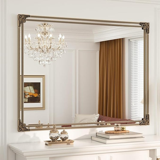 Keonjin Gold Vintage Mirror 48 x 36 Inch, Antique Mirrors Rectangle, Traditional Mantel Decoration, Baroque Style Wall Decor for Hallway, Fireplace, Entryway, Living Room, Anti-Rust, Waterproof