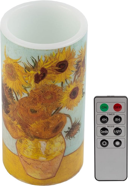 Lavish Home LED Candle with Remote - Van Gogh Sunflowers Battery Operated Candle with Realistic Flickering Light - Flameless Candles for Home Décor, 6"