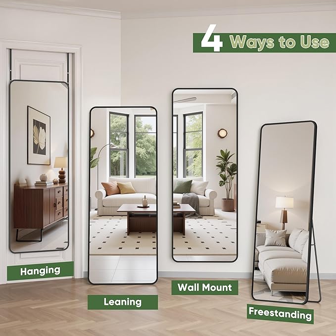 Suidia Full Length Mirror Over the Door&Wall Mounted, 48"x14" Door Mirror with Aluminum Alloy Frame, HD Shatterproof, No-Drill, Hanging Mirrors for Bedroom, Bathroom, Dorm, Closet, Rounded Rect, Black