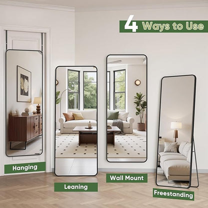 Suidia Full Length Mirror Over the Door&Wall Mounted, 48"x14" Door Mirror with Aluminum Alloy Frame, HD Shatterproof, No-Drill, Hanging Mirrors for Bedroom, Bathroom, Dorm, Closet, Rounded Rect, Black