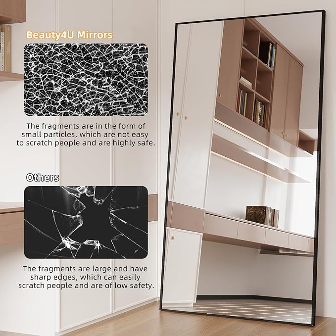 Beauty4U 76" x 37" Full Length Mirror with Stand, Black Floor & Wall Mounted Mirror, Large HD Tempered Glass Full Body Mirror for Bedroom, Dressing Room, Living Room, Entryway