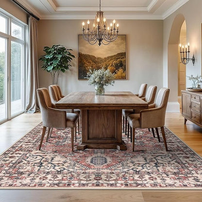 KOZYFLY Area Rug 8x10 Ft Thin Rugs for Living Room Washable Bedroom Rug Non Slip Rugs for Living Room Printed Faux Wool Vintage Bedroom Rug Floor Carpet for Dining Room, Red Salmon/Pink/Navy