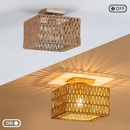 Rpzloila Rattan Ceiling Light, Gold Boho Light Fixture, Square Flush Mount Ceiling Light for Bedroom, Hallway, Entryway, Kitchen, Cabinet