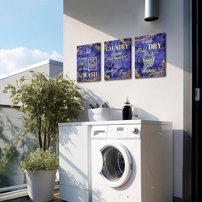 sechars Laundry Room Wall Art Wash Dry Fold Laundry Sign Painting Canvas Prints Purple and Gold Bathroom Laundry Decor (Purple)