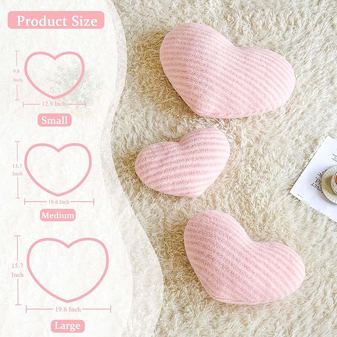 XVTRU Pink Heart Pillows, 19.6" Cute Heart Decorative Pillow, Stripe Heart Shaped Plush Throw Pillows for Bed