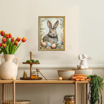 Easter Bunny Wall Art, Vintage Rabbit Canvas Wall Decor, Easter Eggs Poster Print Picture, Spring Farmhouse Animal Painting for Living Room Bedroom Kitchen Holiday Home Decor 16x24 Inch Wood Framed
