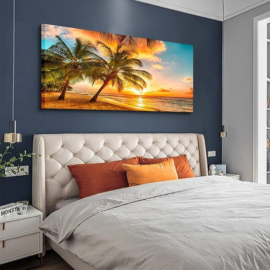 EPHANY Golden Ocean Beach Palm Wall Art Art - 1 Piece Canvas Wall Art Sunset See Tree Landscape Canvas Paintings Posters Print on Canvas Stretched and Framed Ready To Hang (F-1pcs,20x40inchx1pcs)