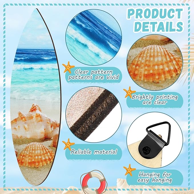 Tatuo 3 Pcs Summer Coastal Wall Decor Bathroom Beach Blue Wall Art Sea Turtle Surfboard Seahorse Starfish Seashell Conches Crabs Sea Life Decor for Bedroom Home (Surfboard)
