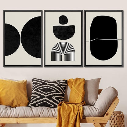 SIGNLEADER Framed Canvas Print Wall Art Set Array of Circles and Semi-Circles Abstract Shapes Illustrations Modern Art Minimalist Black and White for Living Room, Bedroom, Office - 16"x24"x3 BLACK