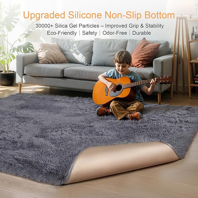 KICHOWUA Thick Area Rug Grey 6x9 Fluffy Shag for Bedroom Living Room, Ultra Soft Plush Fuzzy Washable Thickened Non Slip Floor Large Carpet, Modern Furry Shaggy Rug for Kids Baby Nursery Dorm Room